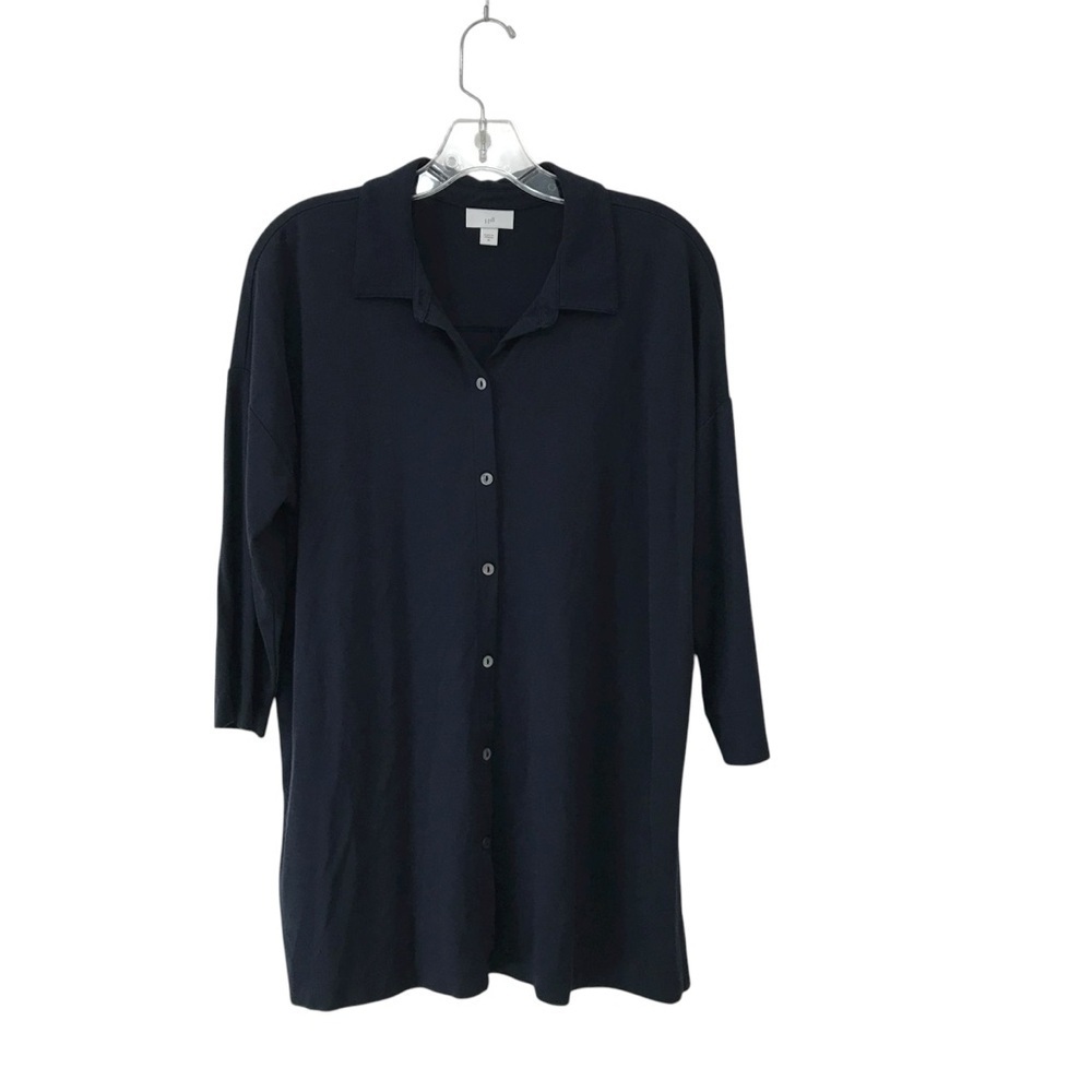 J. Jill Women’s M Button Down 3/4 Sleeve Casual Shirt Rayon Blend Navy Blue
